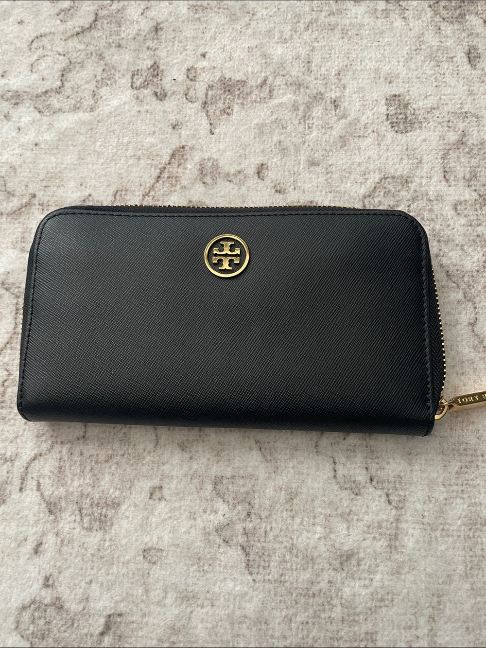 Tory Burch Black Saffiano Zip-Around Wallet with Gold Logo Hardware
